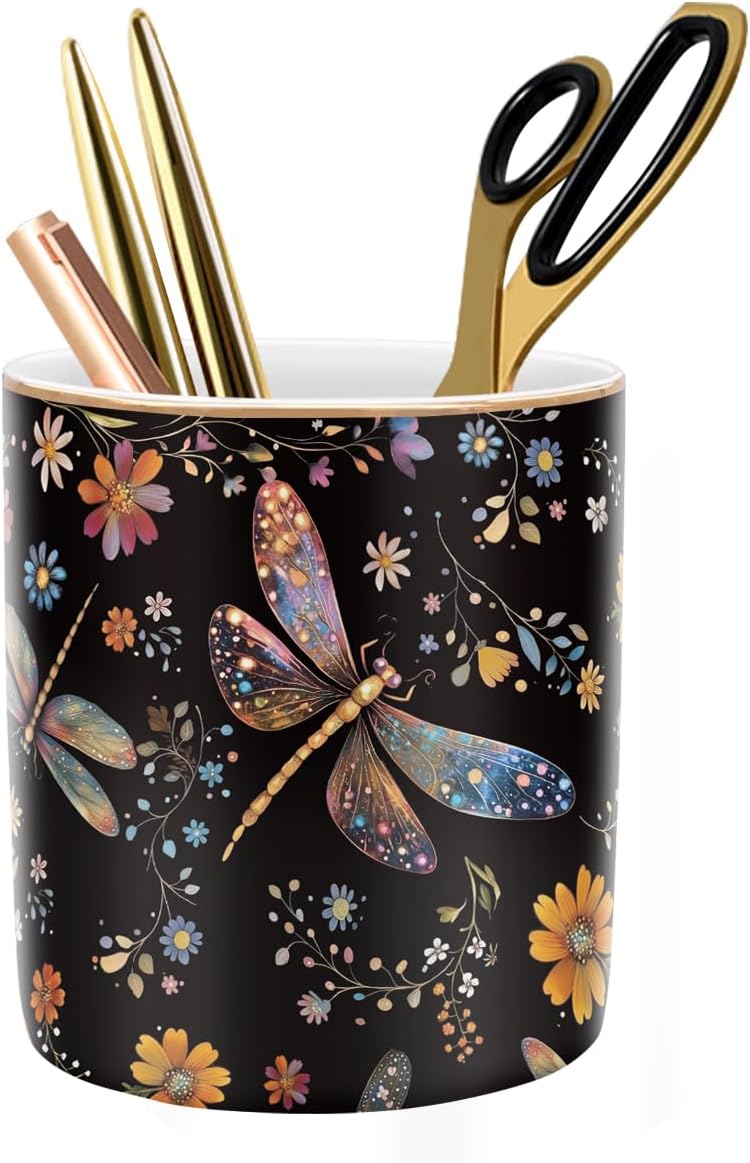 WAVEYU Pen Holder, Pencil Cup for Desk, Cute Makeup Brush Holder, Durable Ceramic Organizer Decor for Room, Office, Classroom, Cute Dragonfly Pattern - Image 1